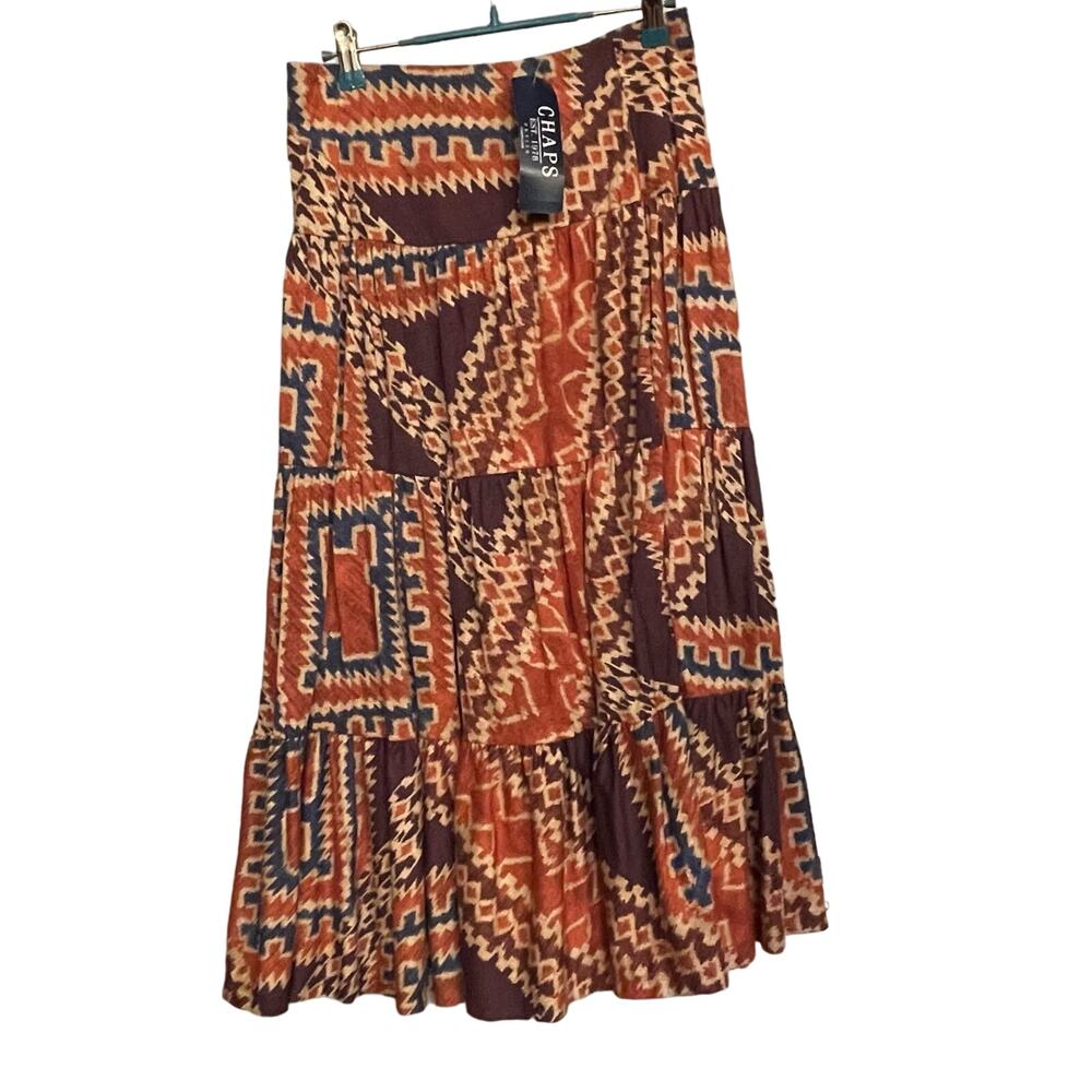 Chaps Skirt Southwestern Tiered Midi Sz Petite Small Pullon NO SLIT Modest New
